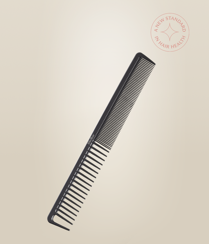 Black Carbon Cutting Comb shown diagonally, with fine teeth at one end and wide teeth at the other.