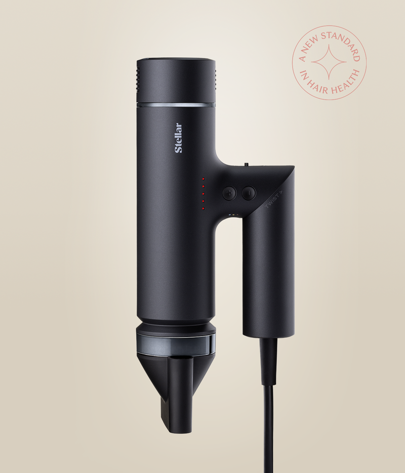 Black OmniFlex Dryer shown vertically with its handle folded alongside the body and nozzle attached.