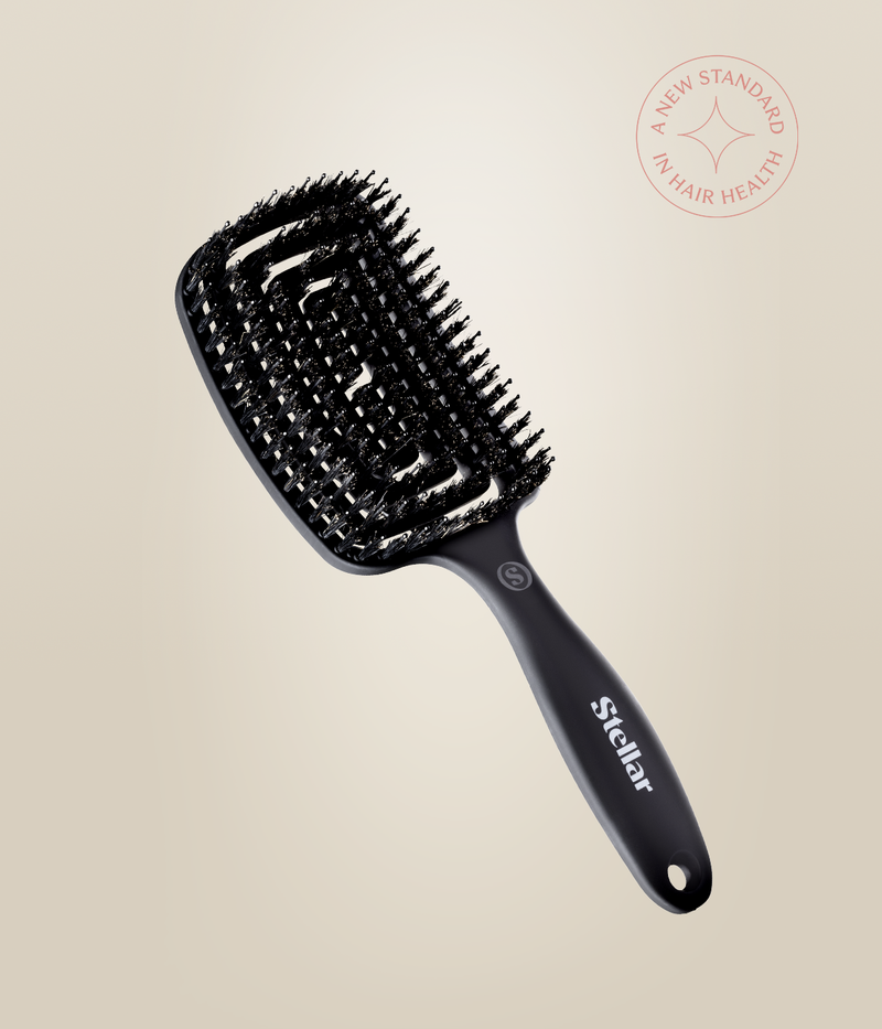 Black OmniFlex Vent Brush with a curved, open-frame head, rows of bristles and a Stellar-branded handle.