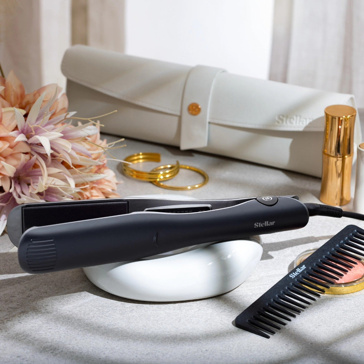 Stellar straightener with pouch and dressing comb