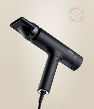 Black OmniFlex Dryer at an angle, with its handle extended, concentrator nozzle attached and red indicator lights visible.
